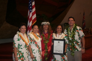 In recognition of the Hawaiian Civic Club of Honolulu’s 90th anniversary and the Association of Hawaiian Civic Clubs’ 50th anniversary, Rep. Mele Carroll honored Leimomi Khan, president of the Association of Hawaiian Civic Clubs; Leatrice Kauahi, president of the Hawaiian Civic Club of Honolulu; Anita Naone, immediate past president of the Hawaiian Civic Club of Honolulu; Momi Clark, director of the Hawaiian Civic Club of Honolulu; and Manu Boyd, past president of the Hawaiian Civic Club of Honolulu.